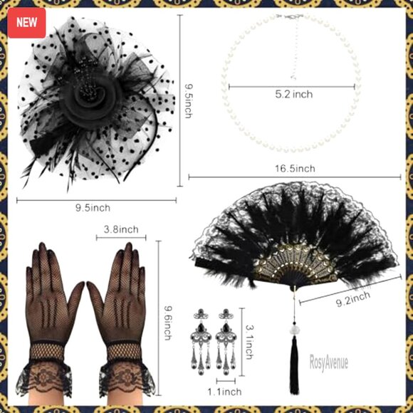 Vintage Fascinator Hat Set with Pearl Necklace Lace Gloves Earrings Feather Fan - Picture 2 of 7